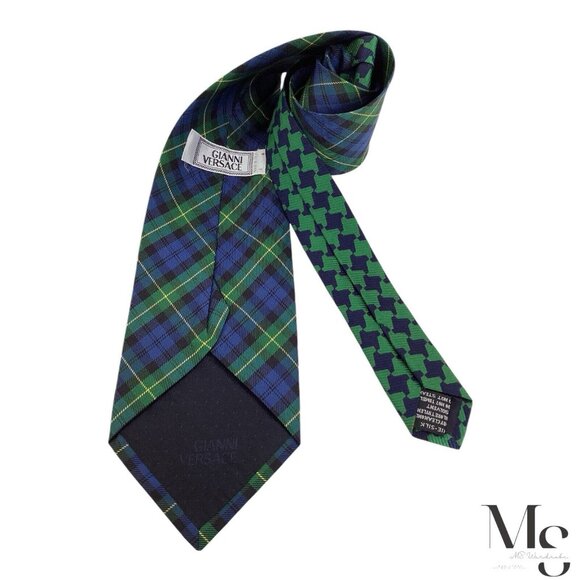 GIANNI VERSACE Blue & Green Plaids & Checks Made In Italy Silk Tie W:3.25